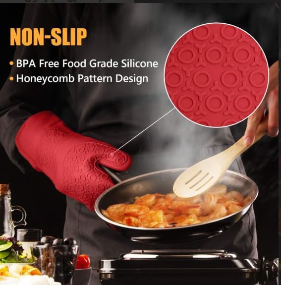 BPA-Free Soft Silicone Oven Mitts - Ultra Heat Resistant Oven Mitts with Thick Cotton Liner - Extra Long Slip Resistant Pot Holders, Flexible Oven Gloves - Image 2