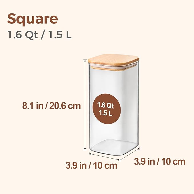 ComSaf Airtight Glass Storage Canister with Wood Lid (1.6 Qt), Clear Food Storage Container Jar with Sealing Lids for Oat Pasta Flour Cereal Rice Sugar Tea Coffee Beans, Set of 3 Square Cookie Jar - Image 2