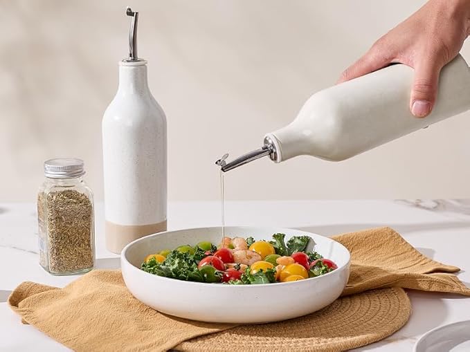 famiware Milkyway 16oz Ceramic Olive Oil Dispenser Bottle, 1 Piece Oil Dispenser for Kitchen with Stainless Steel Pourers, Suitable for Storage Vinegar, Soy Sauce, Coffee Syrup, Matte Beige White