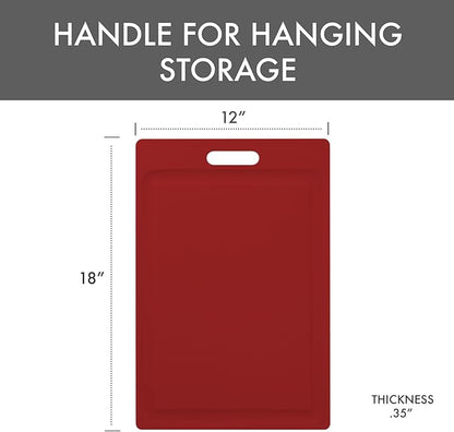 Dexas NSF Certified Polysafe Cutting Board with Handle and Juice Well, 12 x 18 inches, Reversible Kitchen Cutting Board, Red