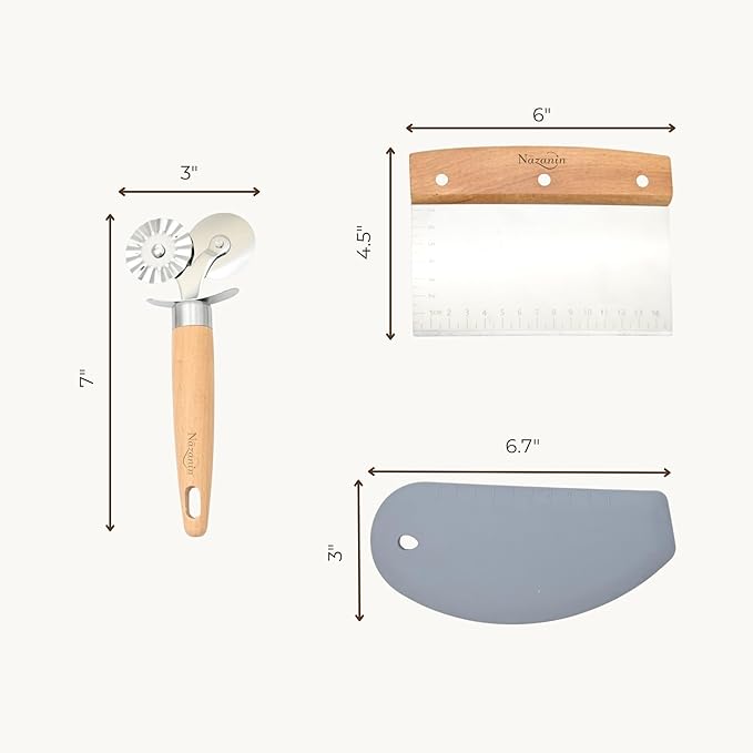 NAZANIN Baking Trio Set – Stainless Steel Dough Scraper with Beech Wood Handle, Pastry Cutter Wheel, and BPA-Free Silicone Bowl Scraper – Essential Bread, Pizza, Pastry, and Baking Tools