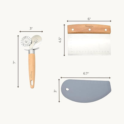 NAZANIN Baking Trio Set – Stainless Steel Dough Scraper with Beech Wood Handle, Pastry Cutter Wheel, and BPA-Free Silicone Bowl Scraper – Essential Bread, Pizza, Pastry, and Baking Tools