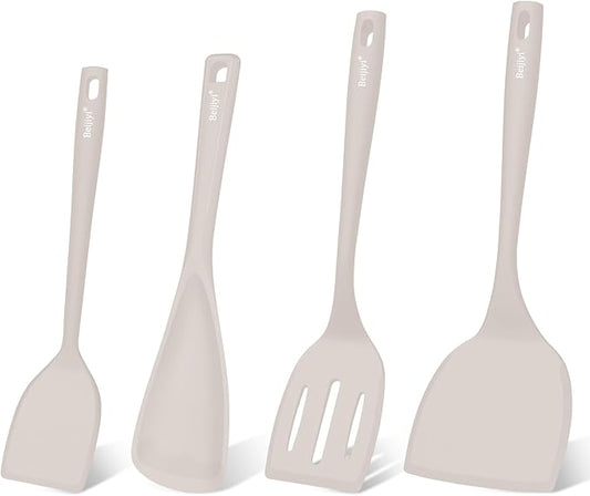 Beijiyi Silicone Spatula Set of 4, 600°F Heat Resistant, BPA Free Kitchen Spatula and Spoons for Nonstick Cookware, Solid & Slotted Turner Cooking Utensils for Serving, Flipping Egg, Pancakes (Khaki)