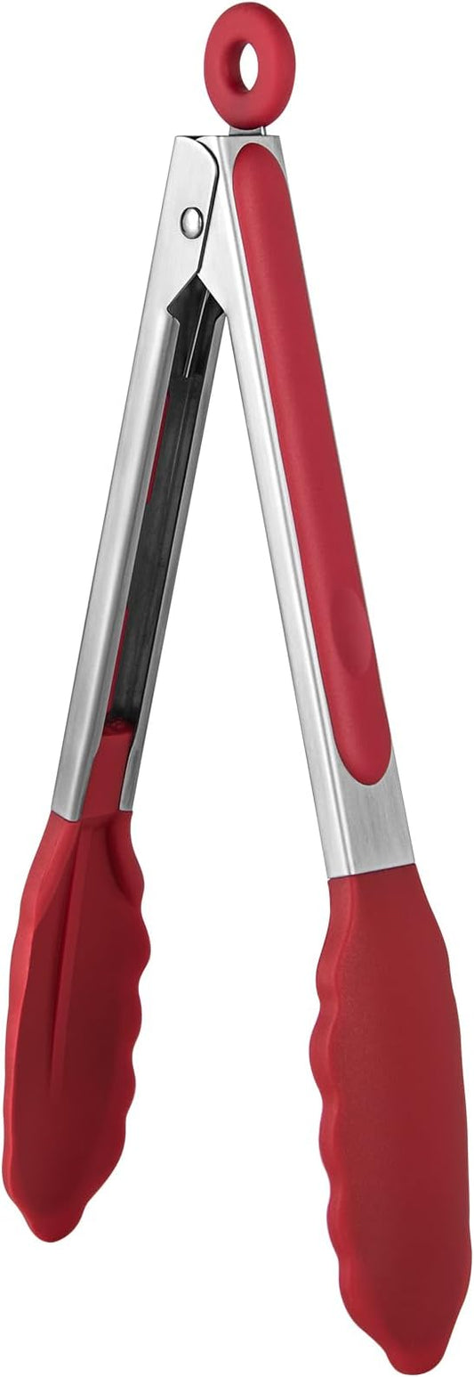 600ºF Heat Resistant Kitchen Tongs: U-Taste 9 inch Silicone Cooking Tong with Firm Sealed Non Stick Rubber Tips & Silicon Coated 18/8 Stainless Steel Handle & Smooth Locking for Serving Salad (Red) by U-Taste