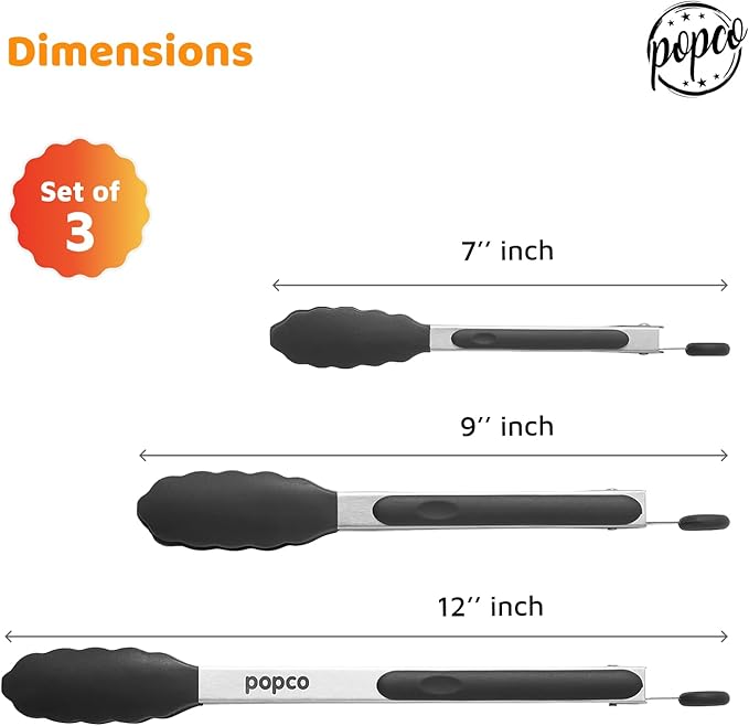 Popco 3-Piece Kitchen Tongs Set – Stainless Steel Heat Resistant Silicone Tips, Strong Comfort Grip, 3 Sizes (7, 9, 12 Inch), Non-Scratch, Dishwasher Safe, For Cooking, BBQ, Salad - Image 3
