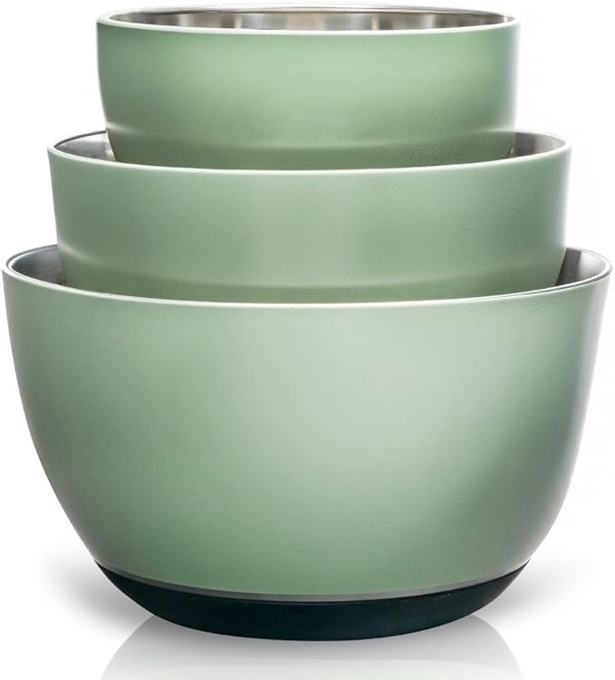WHYSKO Stainless Steel Mixing Bowls Set of 3 with Non-Slip Silicone Base, Nesting Metal Bowls for Meal Prep, Baking, Cooking & Food Storage, Dishwasher Safe Kitchen Mixing Bowls, Green by WHYSKO
