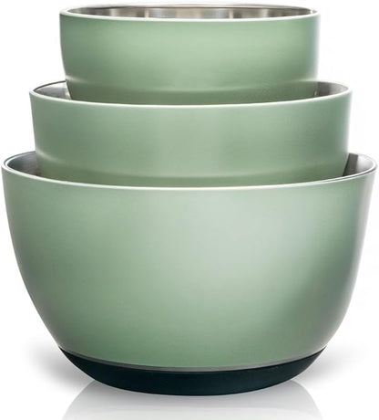 WHYSKO Stainless Steel Mixing Bowls Set of 3 with Non-Slip Silicone Base, Nesting Metal Bowls for Meal Prep, Baking, Cooking & Food Storage, Dishwasher Safe Kitchen Mixing Bowls, Green by WHYSKO