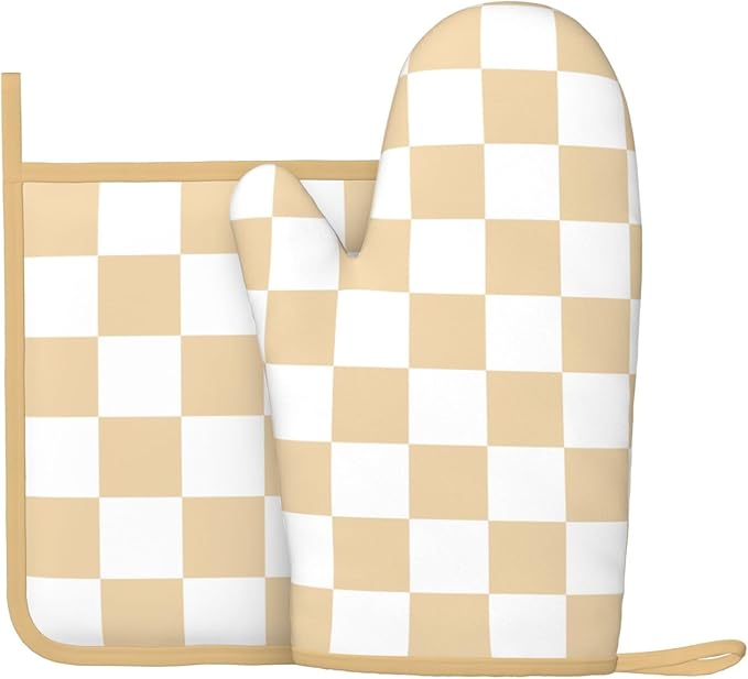Checkered Beige Silicone Oven Mitts Pan Mats Set of 2, Heat Resistant Gloves Potholder with Non-Slip Grips Hanging Loops Pot Holder, Spring Summer for Chef Cooking, Baking, Grilling, BBQ
