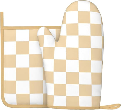Checkered Beige Silicone Oven Mitts Pan Mats Set of 2, Heat Resistant Gloves Potholder with Non-Slip Grips Hanging Loops Pot Holder, Spring Summer for Chef Cooking, Baking, Grilling, BBQ