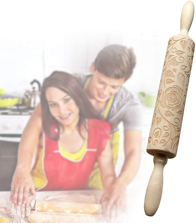 Wooden Rolling Pin, Rose Flower Embossed Engraved Carved Rolling Pin, Valentine's Day DIY Cookies Biscuit Fondant Cake Dough Roller Baking Tool (Wood color)