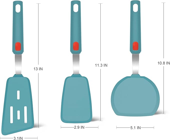 Beijiyi Silicone Spatula Turner Set of 3, 600°F Heat Resistant Nonstick Turner Spatulas for Kitchen Use, Large Flexible Silicone Cooking Utensils Rubber Spatula Set for Egg, Pancake, Fish (Blue) - Image 2