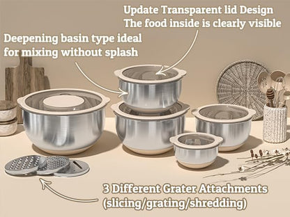 Mixing Bowles Set with Lids Set - Warp-Proof TPR-AS Lids, Stainless Steel Mixing Bowl with 3 Graters & Measuring Lines, Non-Slip Bowls for Baking, Prep, Airtight Food Storage (Khaki 5/3/2/1.5/0.63QT) - Image 2