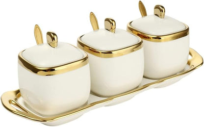Porcelain Condiment Jar Spice Container with Tray Ceramic Serving Spoon and Lid, Spice Sugar Ceramic Condiment Pot Creative Seasoning Box for Your Home, Kitchen, Counter (White)