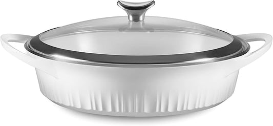 CorningWare QuickHeat 4-QT Cast Aluminum Braiser With Lid, Nonstick Ceramic Interior, Lightweight and Fast Even Heat Baking & Cooking, For Meats, Soup, Browning, Searing, French White