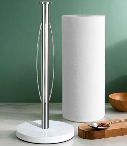 YIGII Heavy Marble Base Paper Towel Holder Countertop - Standing Paper Towel Roll Holder with Weighted Base, Papertowel Holder for Kitchen, White Marble