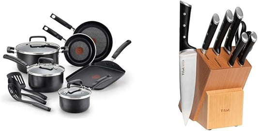 T-fal 20 piece set of Signature Nonstick Cookware with Ice Force German Stainless Steel Kitchen Knife Set and Wood Block by T-falbrand