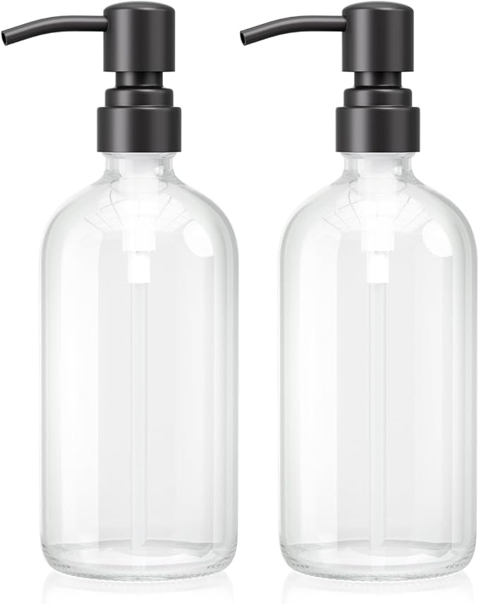 AmazerBath Soap Dispenser, 2 Pack Glass Soap Dispenser with Stainless Steel Pump, 17 Oz Bathroom Hand Soap Dispensers Bottle for Bathroom & Kitchen, Clear & Black by AmazerBath