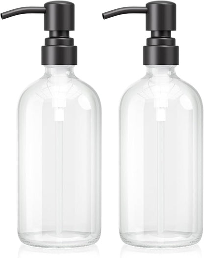 AmazerBath Soap Dispenser, 2 Pack Glass Soap Dispenser with Stainless Steel Pump, 17 Oz Bathroom Hand Soap Dispensers Bottle for Bathroom & Kitchen, Clear & Black by AmazerBath