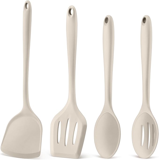 P&P CHEF Kitchen Utensil Set, 4 Pieces Non-stick Silicone Cooking Utensils, Heat-resistant Slotted Solid Spoon Turner for Frying, Mixing, Serving, Non-toxic & Easy to Clean, Khaki by PPCHEF