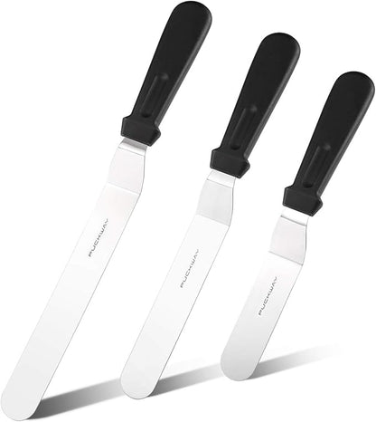 Offset Frosting Cake Knife set of 3 Black 6 8 & 10 Inch Angled Icing Spatula for Decorating by PUCKWAY
