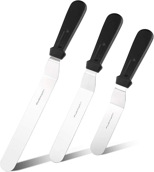 Offset Frosting Cake Knife set of 3 Black 6 8 & 10 Inch Angled Icing Spatula for Decorating by PUCKWAY