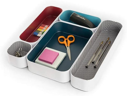 Three by Three Seattle 5 Piece Metal Organizer Tray Set for Storing Makeup, Stationery, Utensils, and More in Office Desk, Kitchen and Bathroom Drawers (2 Inch, Blue Berry and Stripes) - Image 2
