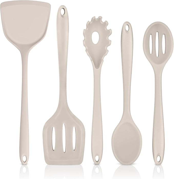 TeamFar Silicone Cooking Utensils Set, 5-Piece Heat Resistant Kitchen Utensils Set, Nonstick Slotted Solid Spoon Turner Pasta Server for Frying, Serving, Mixing, Non-Toxic & Dishwasher Safe, Khaki by TeamFar