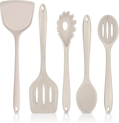 TeamFar Silicone Cooking Utensils Set, 5-Piece Heat Resistant Kitchen Utensils Set, Nonstick Slotted Solid Spoon Turner Pasta Server for Frying, Serving, Mixing, Non-Toxic & Dishwasher Safe, Khaki by TeamFar