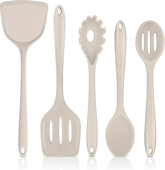 TeamFar Silicone Cooking Utensils Set, 5-Piece Heat Resistant Kitchen Utensils Set, Nonstick Slotted Solid Spoon Turner Pasta Server for Frying, Serving, Mixing, Non-Toxic & Dishwasher Safe, Khaki by TeamFar
