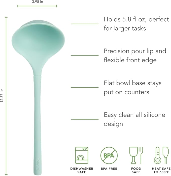 Tovolo Flex Core Silicone Ladle BPA Free Aqua Seafoam Green Deep Silicone Soup Ladle, Heat Resistant All Silicone Ladle Construction, Large Dishwasher Sage Soup Ladle Kitchen Utensil for Cooking