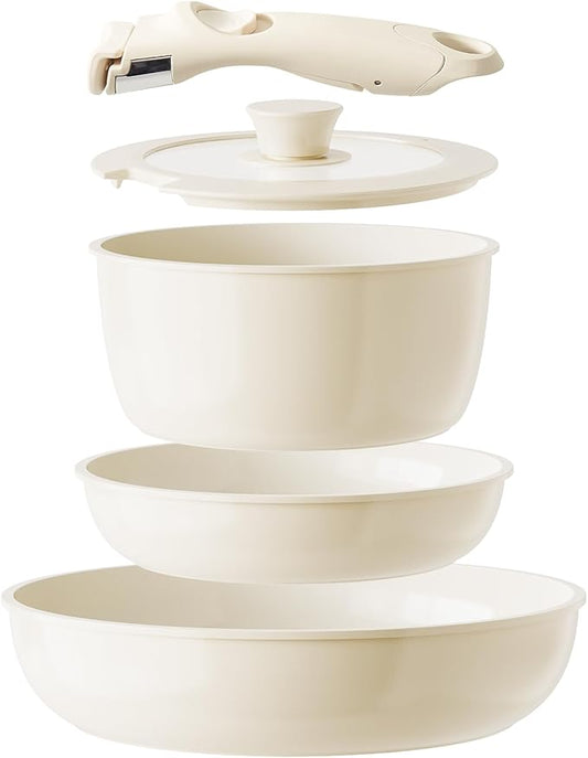 Redchef Ceramic Pots and Pans Set Non Stick, Nonstick Kitchen Cookware Sets, Non Toxic Pots and Pans Set Non Stick, PFAS PFOA & PTFE Free, Detachable Handle Pots and Pans 5 Piece, RV Cookware by Redchef