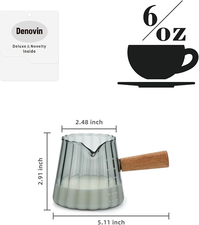 Glass Measuring Cup, 6oz Creamer Pitcher with Wood Handle, Creative Milk Frothing Pitcher Creamer Shot Glass (Gray）