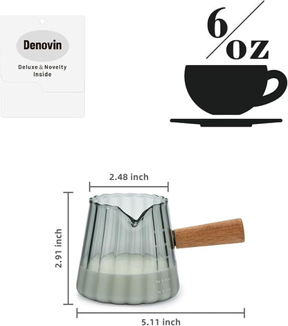 Glass Measuring Cup, 6oz Creamer Pitcher with Wood Handle, Creative Milk Frothing Pitcher Creamer Shot Glass (Gray）