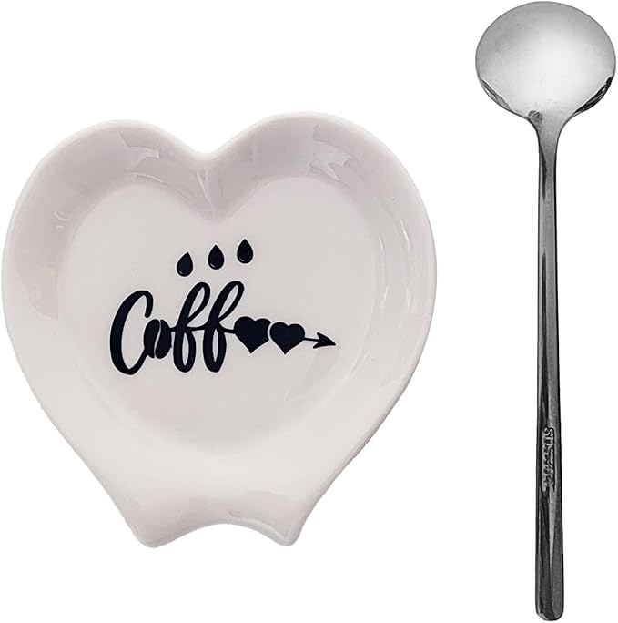 Heart-shaped Coffee Spoon Rest, Mini Coffee Spoon Holder, Small Ceramic Spoon Rest for Coffee Stirrers, Teaspoon, Bar Spoon, Coffee Bar Accessories, Coffee Station (White+Sliver spoon) by PFCTRJR