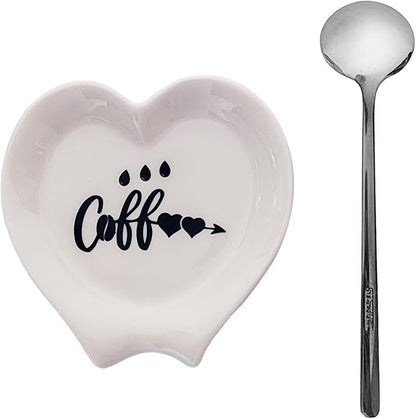 Heart-shaped Coffee Spoon Rest, Mini Coffee Spoon Holder, Small Ceramic Spoon Rest for Coffee Stirrers, Teaspoon, Bar Spoon, Coffee Bar Accessories, Coffee Station (White+Sliver spoon) by PFCTRJR