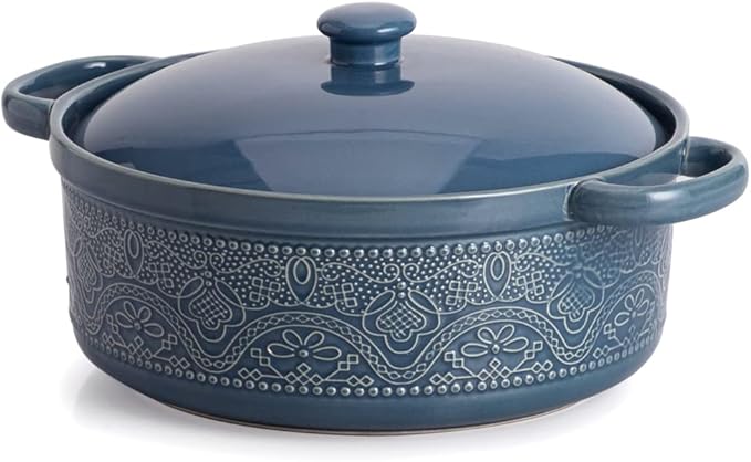 FUN ELEMENTS Lace Emboss Casserole Dish with Lid, 2 Quart Oven to Table Ceramic Round Serving Dish with Handles for Dinner and Party, Thanksgiving Christmas Gifts(Grayish Blue) by IntoYourHouseOntoYourTable