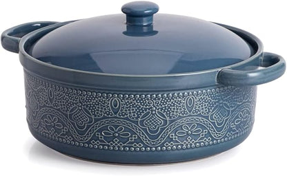 FUN ELEMENTS Lace Emboss Casserole Dish with Lid, 2 Quart Oven to Table Ceramic Round Serving Dish with Handles for Dinner and Party, Thanksgiving Christmas Gifts(Grayish Blue) by IntoYourHouseOntoYourTable