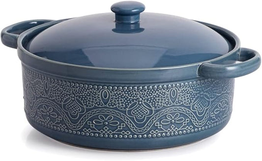 FUN ELEMENTS Lace Emboss Casserole Dish with Lid, 2 Quart Oven to Table Ceramic Round Serving Dish with Handles for Dinner and Party, Thanksgiving Christmas Gifts(Grayish Blue) by IntoYourHouseOntoYourTable