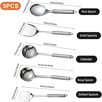 5 PCS Cooking Utensils Set Stainless Steel Kitchen Utensils Gadgets Resistant Cooking Tools Includes Slotted Spoon, Slotted Spatula, Large Spoon, Soup, Spatula(Sliver) - Image 2