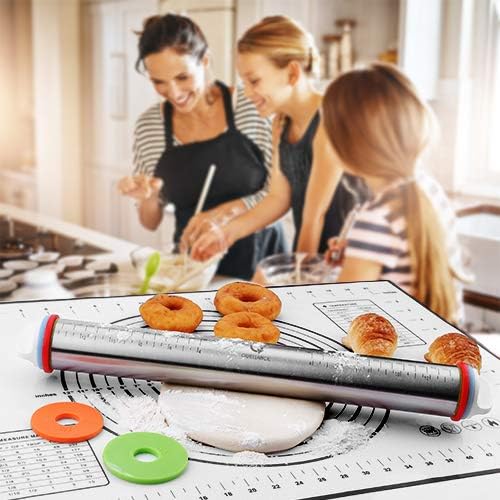 Rolling Pin and Pastry Baking Mat Set, Rolling Pins with Adjustable Thickness Rings, Stainless Steel Dough Roller for Baking Fondant, Pizza, Pie, Pastry, Pasta, Cookies (Black Mat) - Image 6