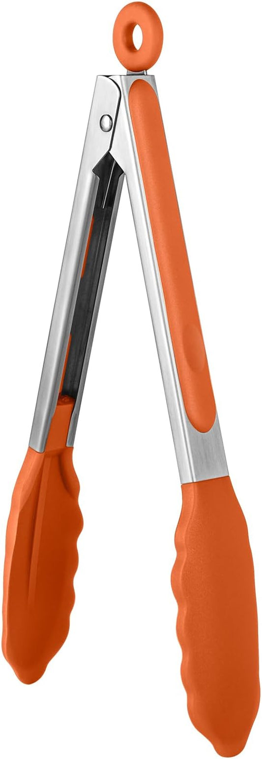 600ºF Heat Resistant Kitchen Tongs: U-Taste 9 inch Silicone Cooking Tong with Firm Sealed Non Stick Rubber Tips & Silicon Coated 18/8 Stainless Steel Handle & Smooth Locking for Serving Grill (Orange) by U-Taste