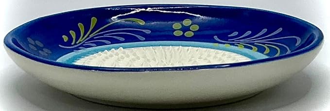 BonCera, All-in-one Premium Ceramic Garlic Grater Plate 4-Piece Set - Double Blue Circle Flower Design - For Garlic, Ginger, Chocolate, and more! - Comes with 5" Plate, Peeler, Brush, and Stand