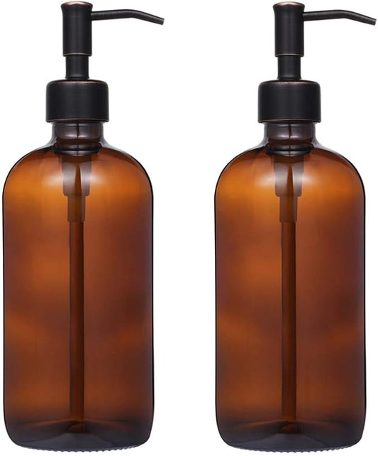 2 Pack Thick Amber Glass Pint Jar Soap Dispenser with Oil Rubbed Bronze Stainless Steel Pump, 16ounce Boston Round Bottles Dispenser with Rustproof Pump for Essential Oil, Lotion Soap by Unknown
