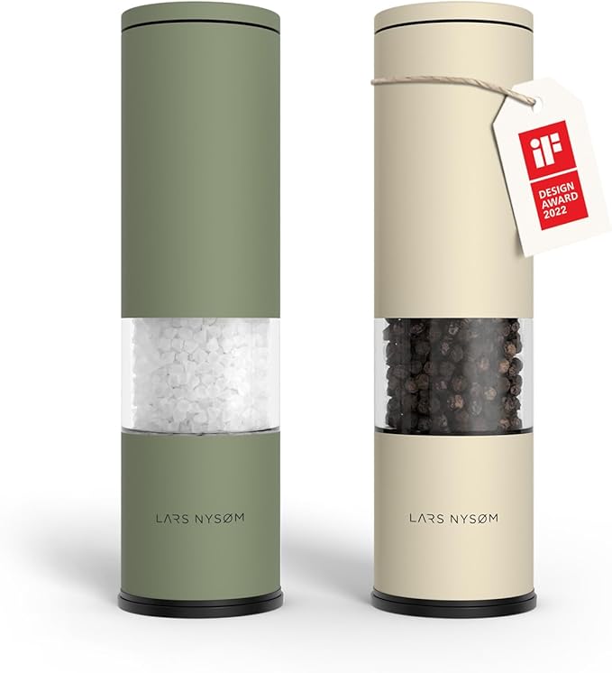 LARS NYSØM Salt and Pepper Grinder Set Manual, Stainless Steel Salt and Pepper Mills with Adjustable Ceramic Grinder I Design Spice Shakers (Green/Beige) by LN