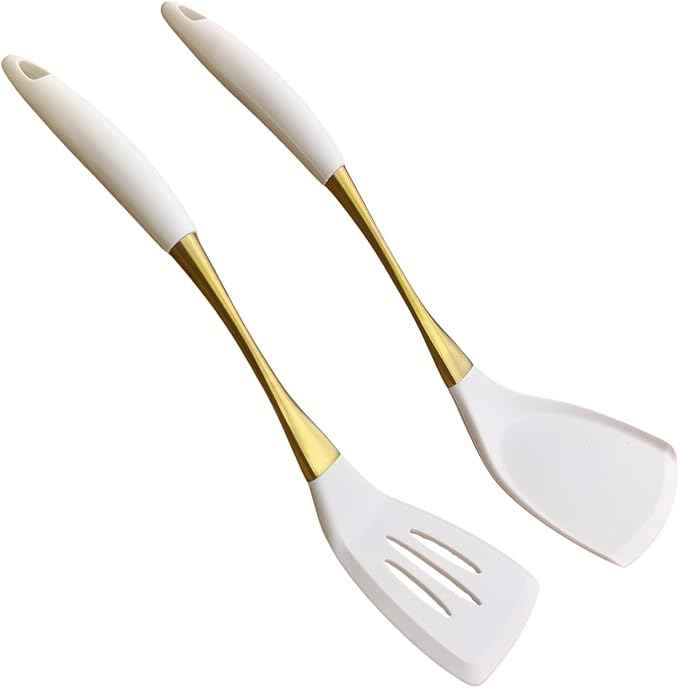 Heat-Resistant Kitchen Spatula Set – Non-Toxic Cooking Utensils with Solid & Slotted Designs –Food Grade Silicone and Gold-Plated Stainless Steel Handles –Ideal for Nonstick Cookware, Gold by Unknown