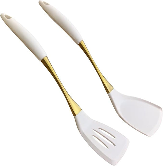 Heat-Resistant Kitchen Spatula Set – Non-Toxic Cooking Utensils with Solid & Slotted Designs –Food Grade Silicone and Gold-Plated Stainless Steel Handles –Ideal for Nonstick Cookware, Gold by Unknown