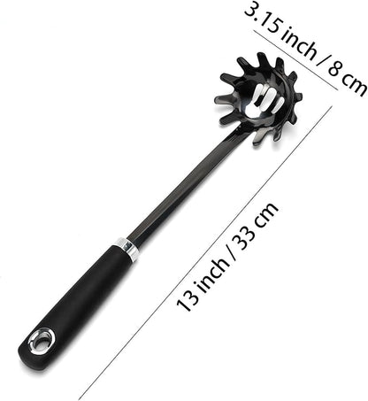 Stainless Steel Spaghetti Spoon, 13 Inch Pasta Server with Toothed Head and Comfortable Grip, Metal Pasta Fork for Serving Spaghetti, Linguine, Noodles, Ravioli and More, Black