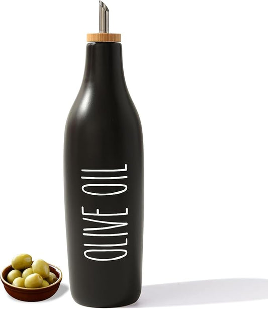 HOMCDALY Ceramic Olive Oil Dispenser for Kitchen, Stoneware 16oz Oil Cruet and Vinegar Bottles Dispenser, Kitchen Dispenser Bottle for EVOO Vinegar Syrups, Modern Farmhouse Design(B-O) by HOME