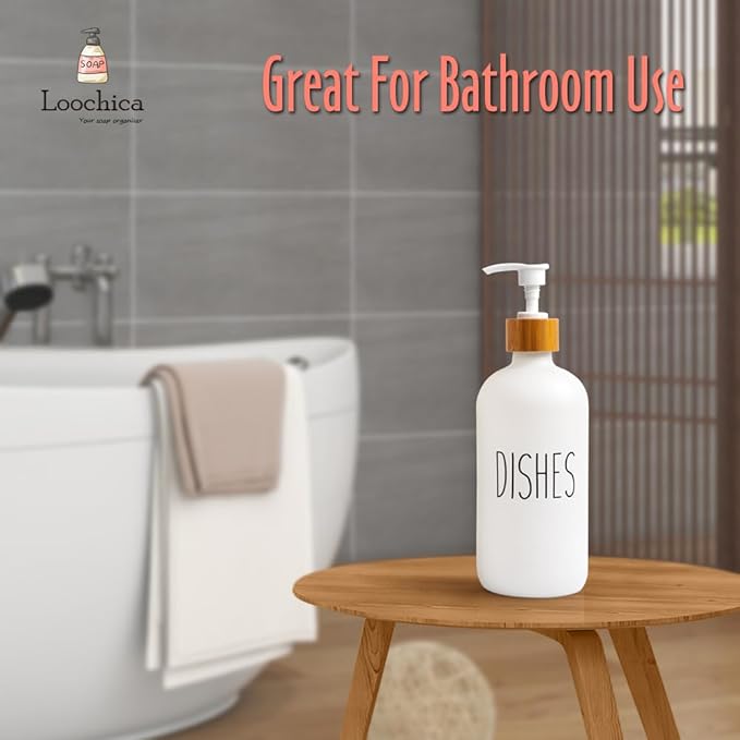 LOOCHICA Dish White Glass Soap Dispenser with Plastic Pump, 16 Oz White Dish Soap Dispenser Set Refillable Reusable Apothecary Soap Pump Dispenser Bottles for Bathroom and Kitchen - Image 5