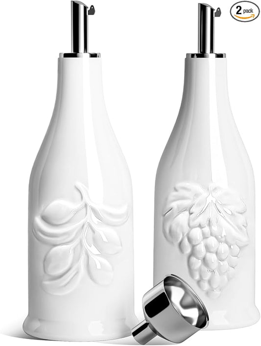 HOMBENE Ceramic Oil & Vinegar Dispenser Set, 12 oz/350ml, 2 Pack, Dripless Spout, Porcelain, Reusable, Cooking